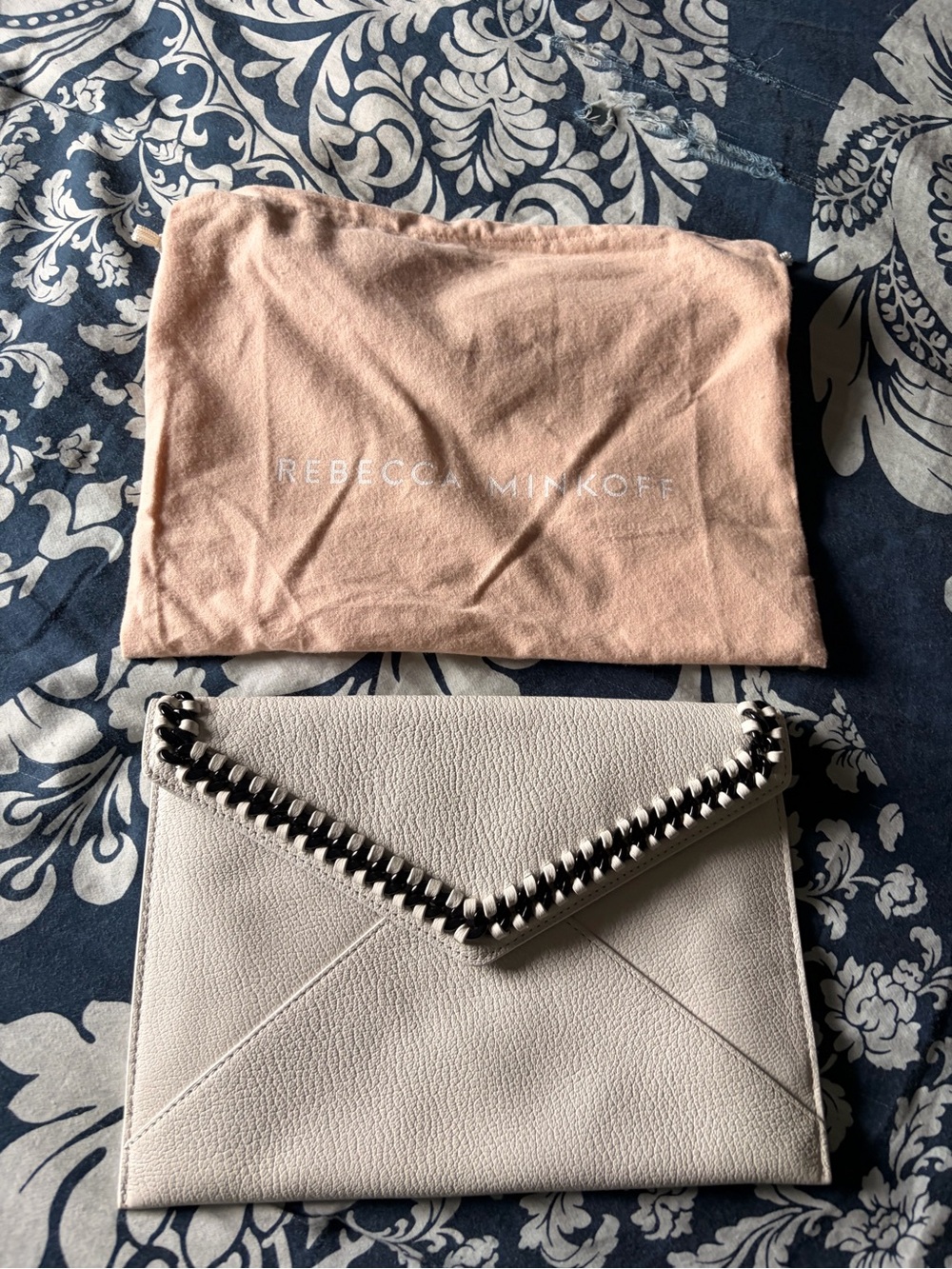 Rebecca Minkoff Cream Envelope Clutch with Black Chain Trim